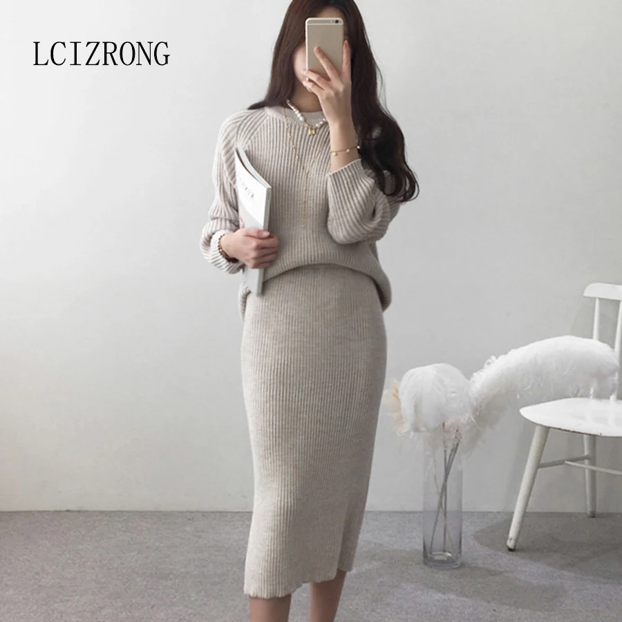 Winter Fashion Loose Long Sleeve Knitted Pullovers Skirt Suits Women Elegant Ladies Solid Sweater + Skirt 2 Piece Set Woman