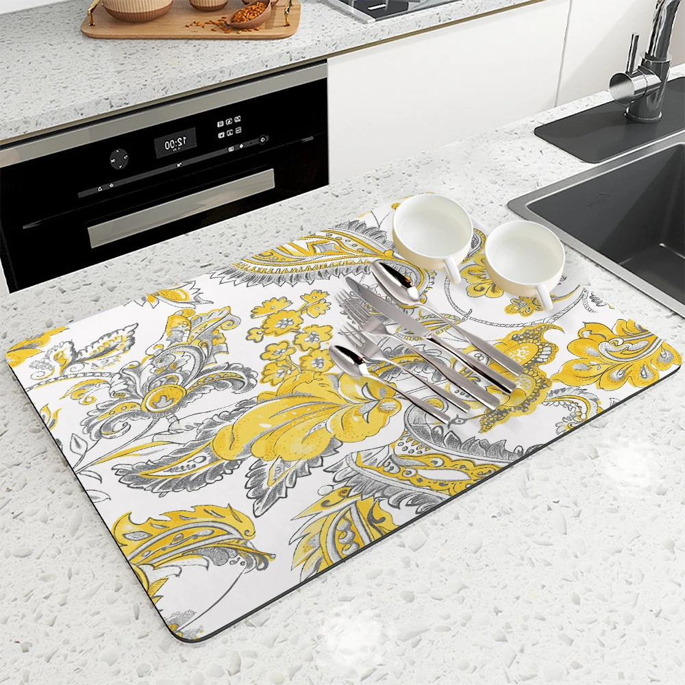 أوراق شجر زهور بألوان مائية ماصة ، خطوط بيزلي ، حصيرة تجفيف مانعة الانزلاق ، وسادة تصريف حمام سريعة الجفاف ، حصيرة أدوات طاولة المطبخ