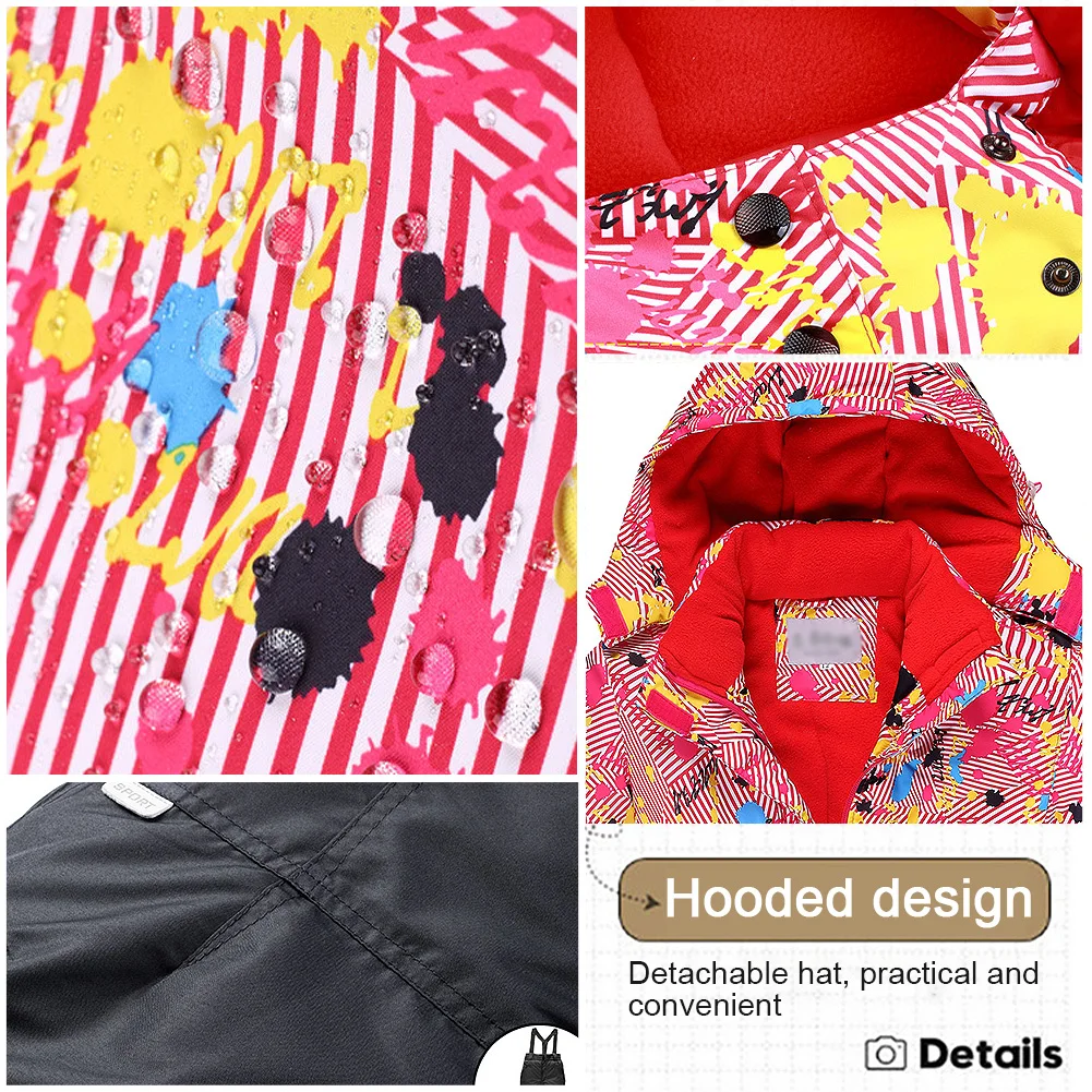 Winter Kids Snowsuits,Girls Skiing Suits,Hooded Waterproof Warm Snow Jacket+Bib Pants Set,Windproof Children's Snowboarding Wear