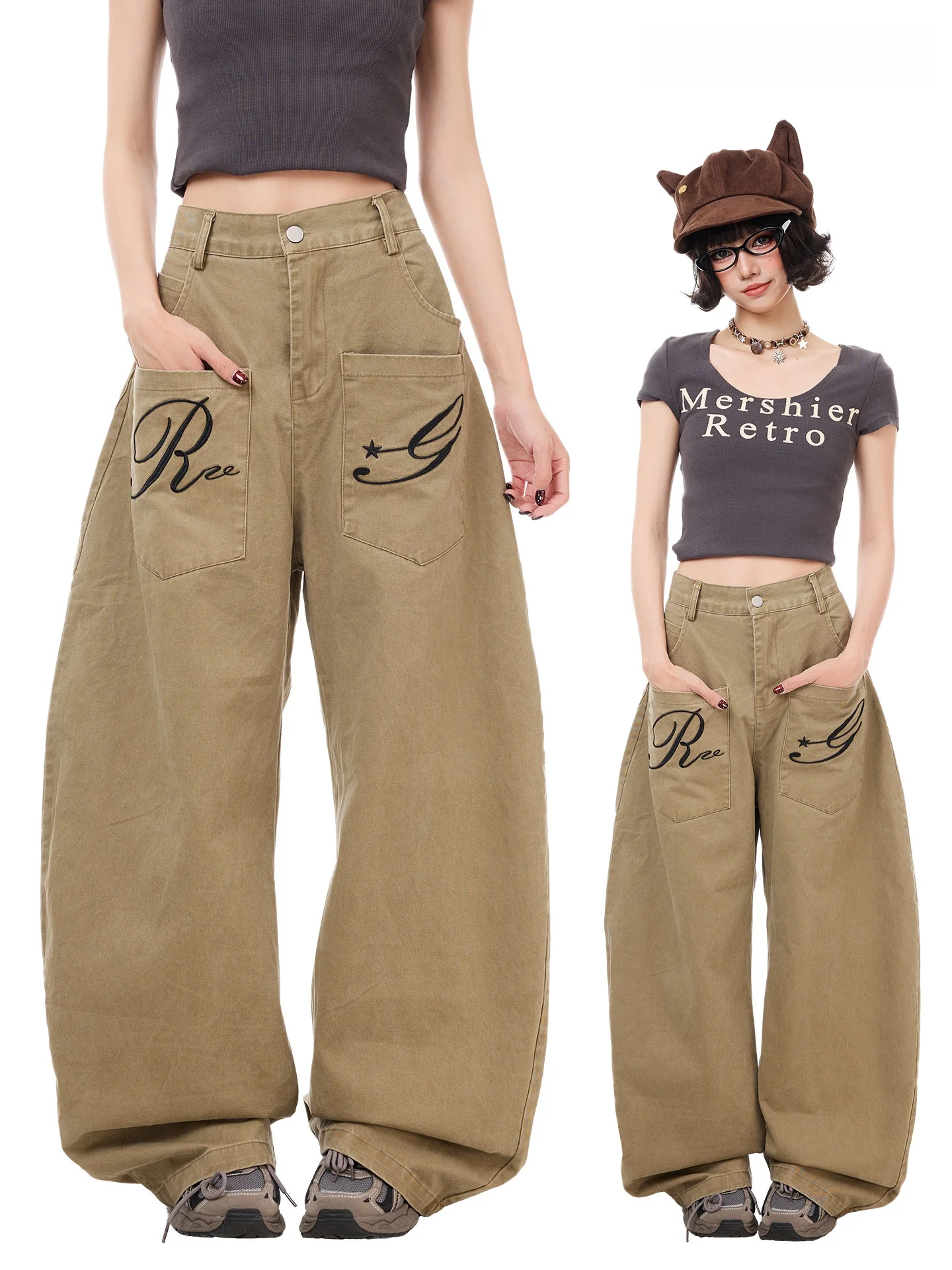 

K787 American Retro Embroidered High Street Waed Workwear Wide Leg Pants Men Women Oversize Casual Straight Cut Jeans