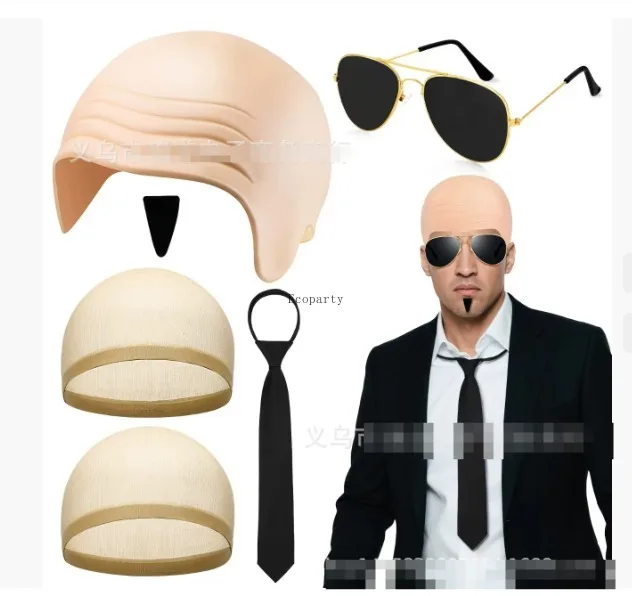 Glatze Kappen Gläser und Schnurrbart Glatze Perücke Kappe Party Kostüm Zubehör für Frauen Männer Halloween Cosplay (Falten) disfraz