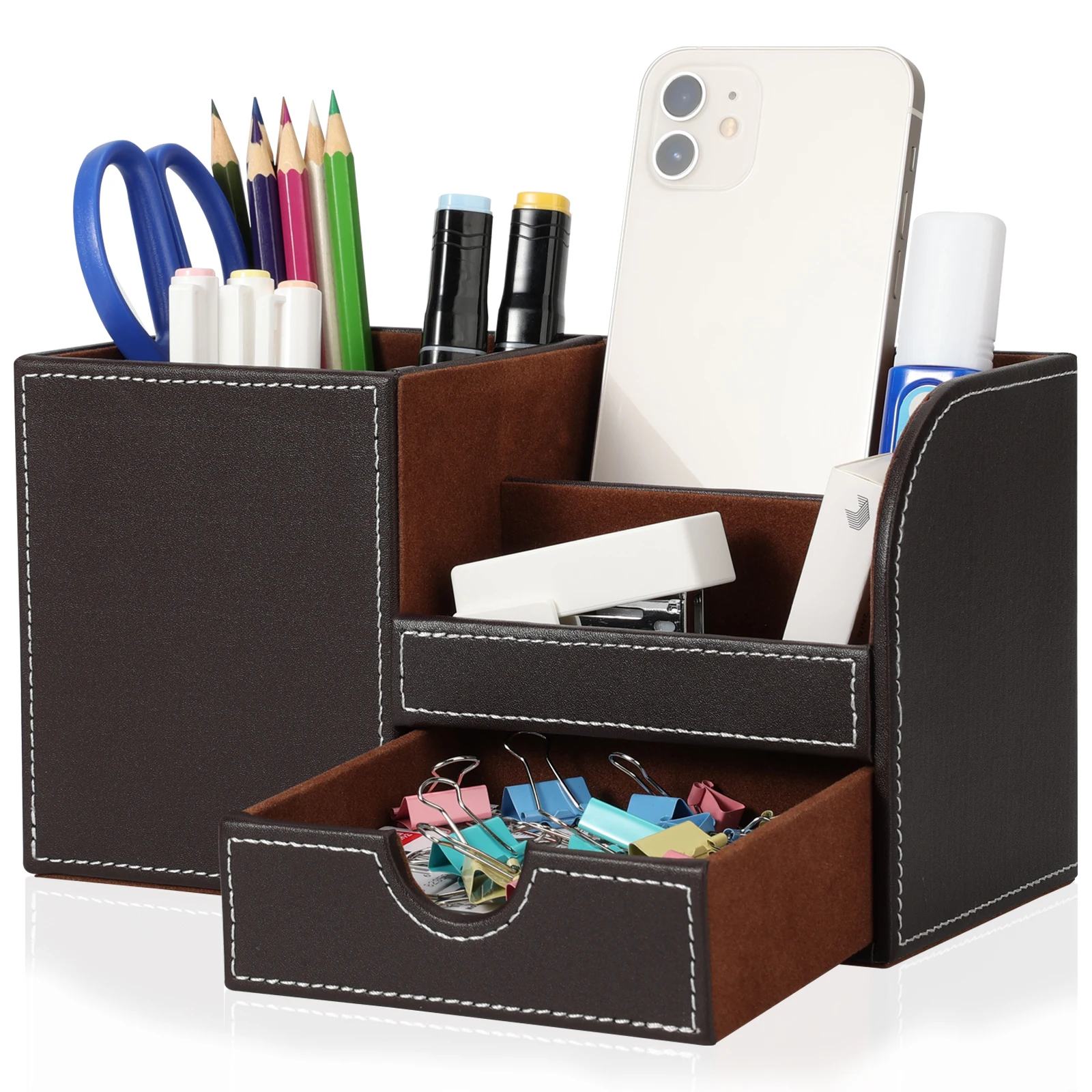 KINGFOM Office Desk Organizer Multi-Functional Pen Holder Pencil Box Phone Stand Small Storage Box Drawer