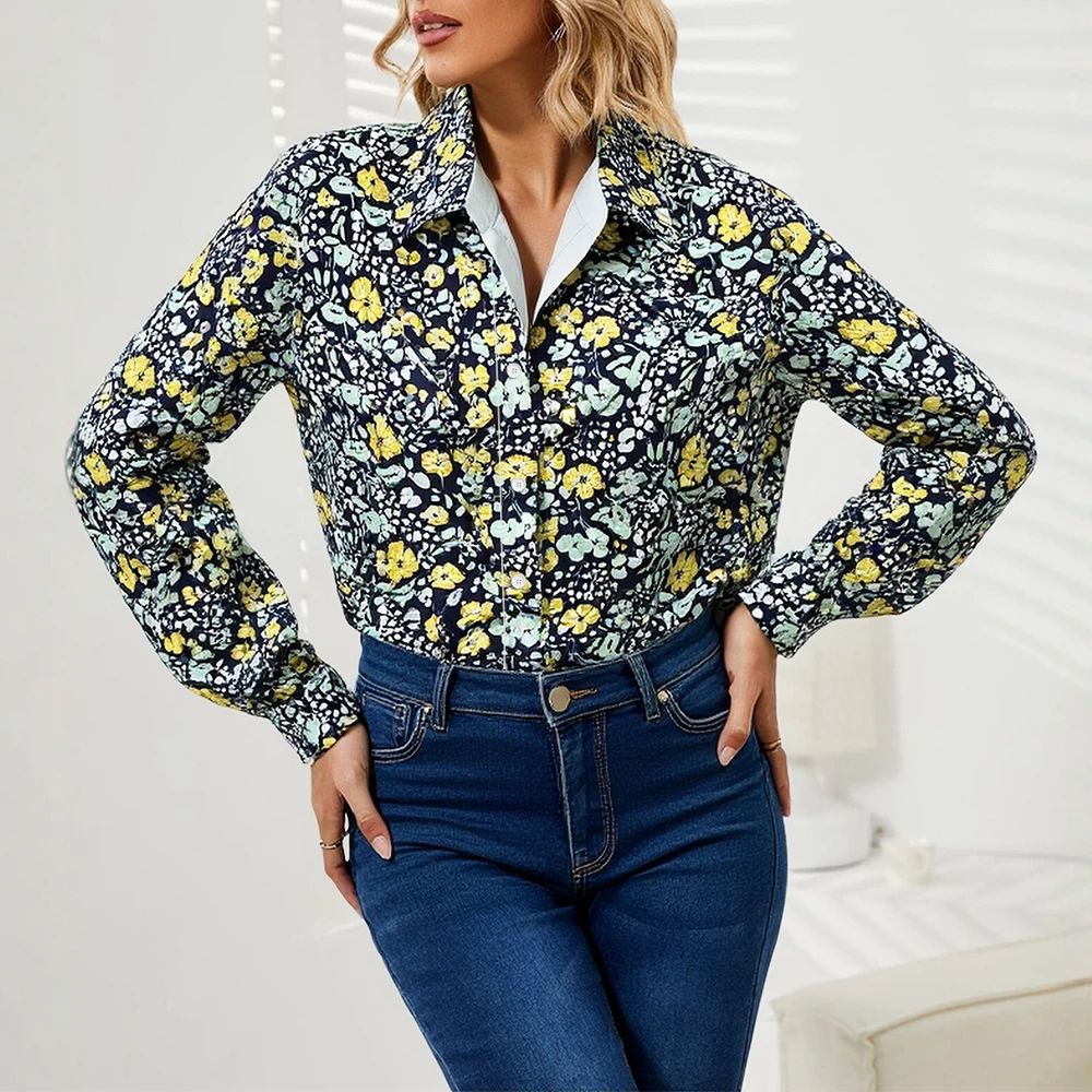 

Mia Muse Women's Shirts Autumn Elegant Classic Floral Full Print Button Decor Long Sleeve Shirt Collar Casual Shirts