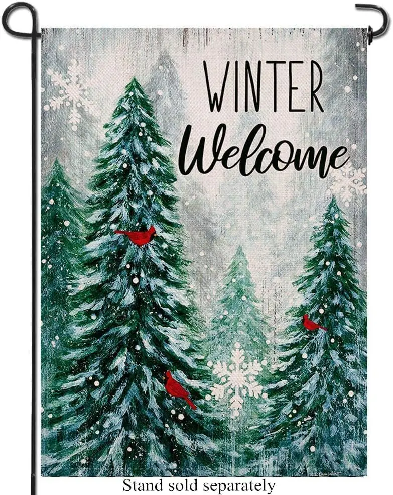 Welcome Winter Decorative 12 x 18 Burlap Garden Flag with Pine Trees, Snowy Forest, and Red Cardinals, Double Sided Outdoor Farm