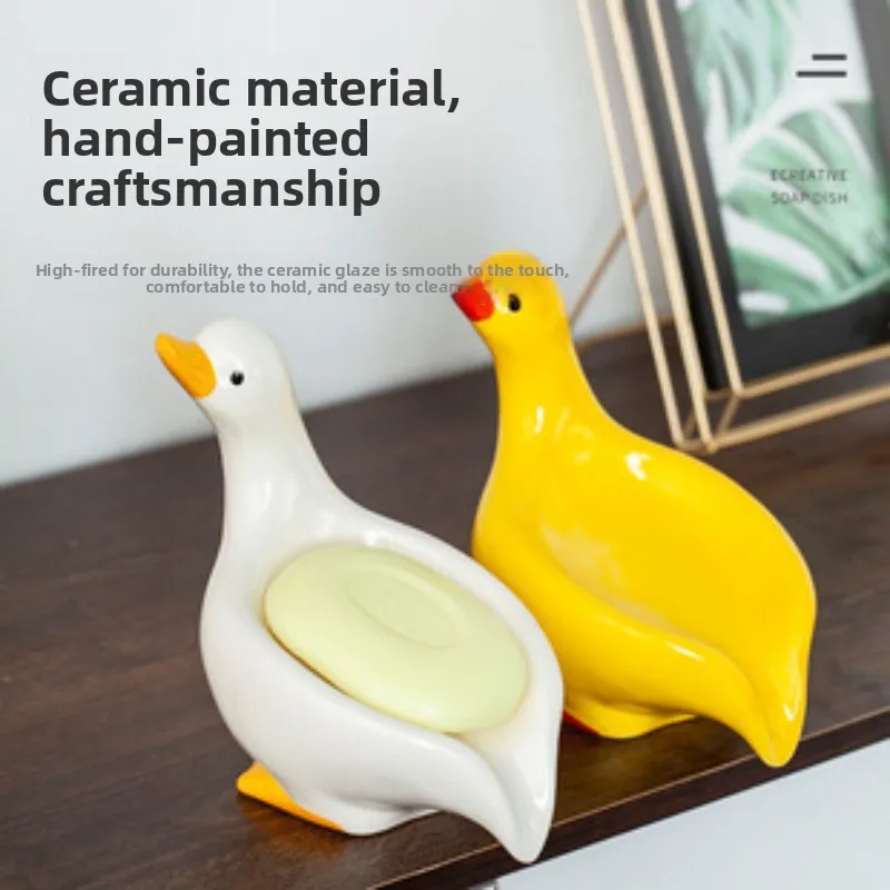 1pc Cute Duck Ceramic Soap Dish Decorative Soap Holder Craft Ornament Bathroom Counter Washroom Daily Storage Decor Accessory view 3