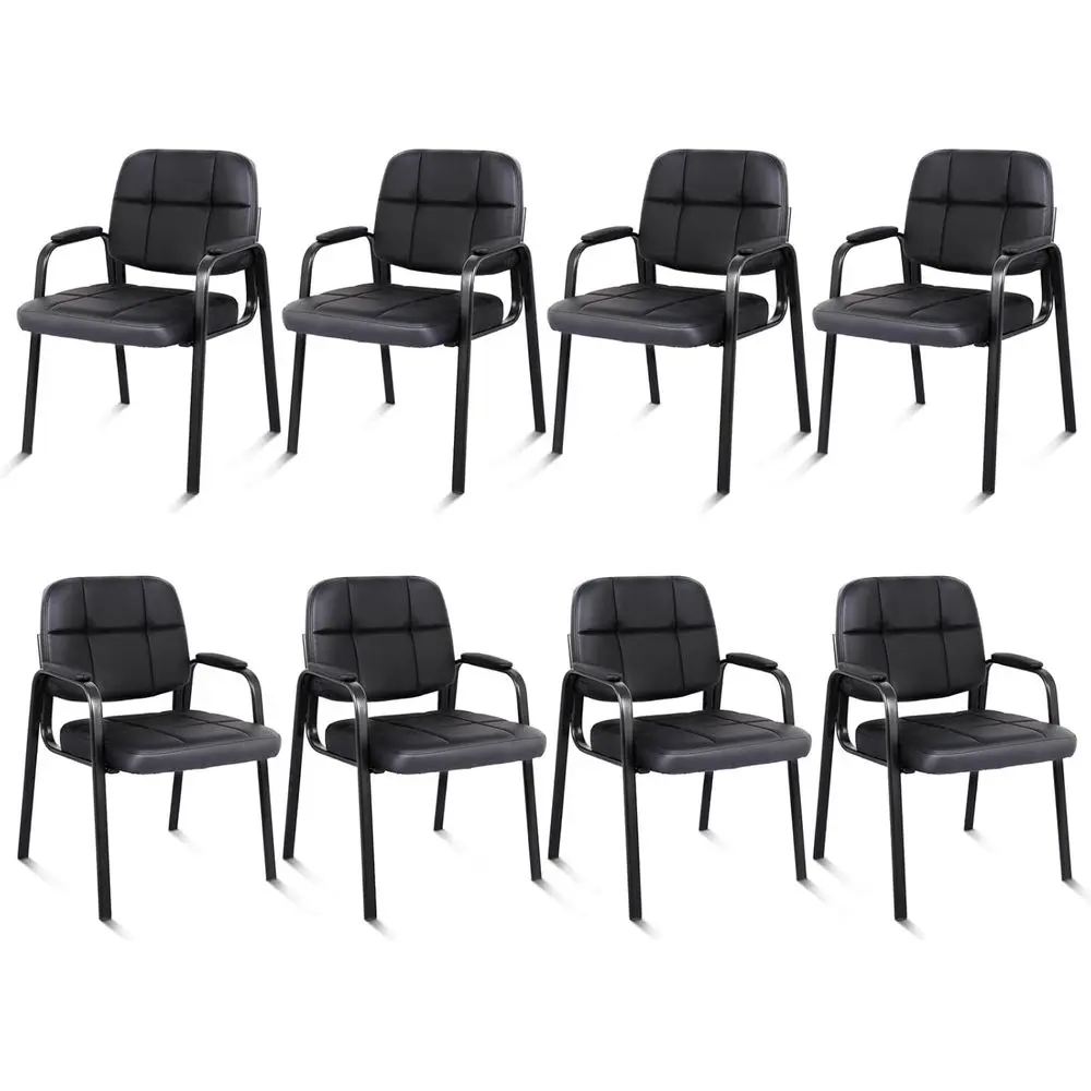 

Set of 8 Black Leather Office Chairs, No Wheels, Padded Arms, Suitable for Reception or Waiting Area