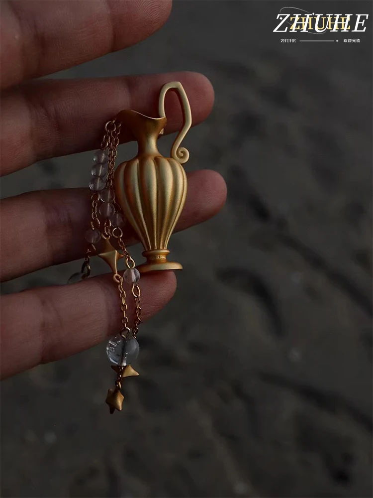 

Elegant Copper Amphora Brooch, Premium Jewelry Accessories For Men & Women, Smooth Gold-Tone Finish, Dainty Crystal Beaded Tasse