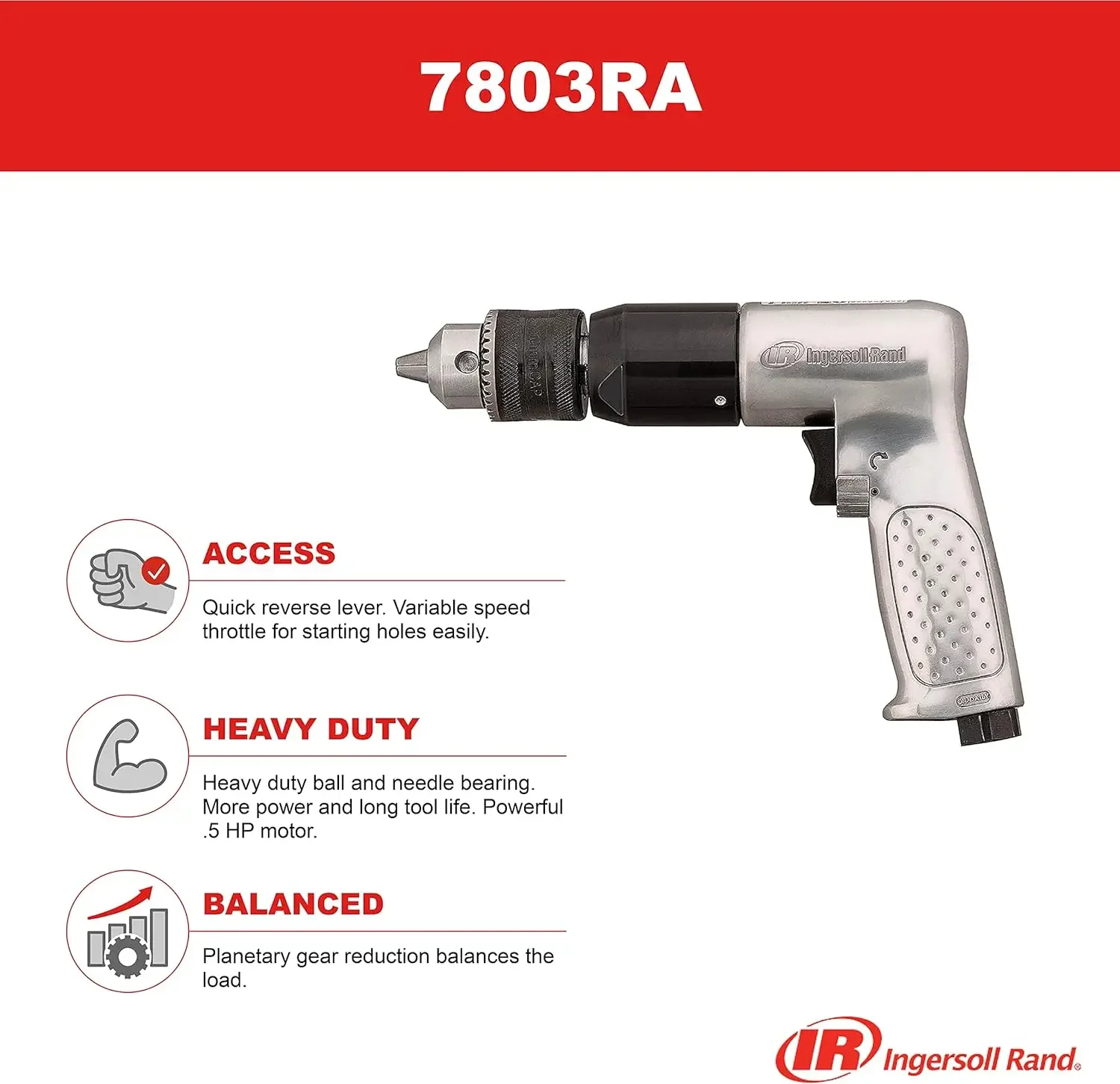 Ingersoll Rand 7803RA 1/2” Reversible Pneumatic Air Drill, Heavy Duty, 400 RPM, Variable Speed Throttle, 5HP Motor,Quick Reverse