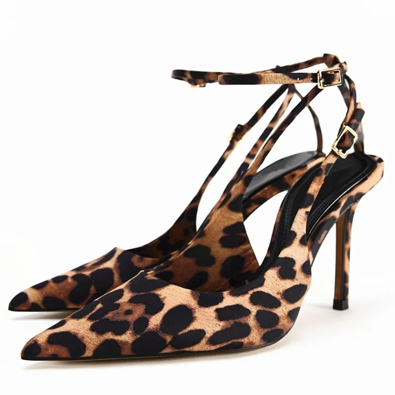 

Модные туфли-лодочки с леопардовым принтом для женщин, сексуальные туфли с острым носком и ремешком на щиколотке, элегантные дизайнерские босоножки на каблуке для банкетов