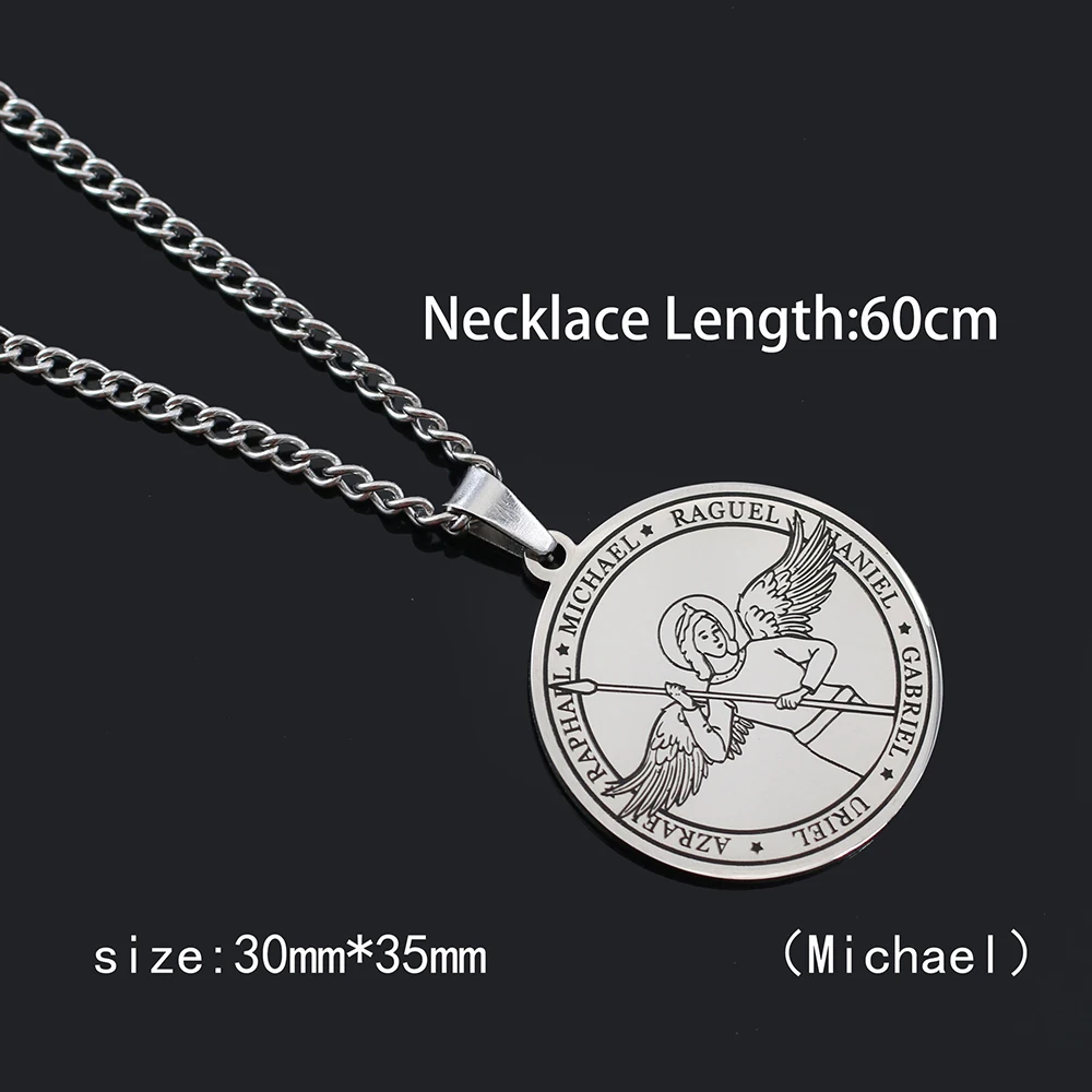 Cottvott Religious Azrael Gabriel Raphael Uriel Michael Archangel Angel Wing Medal Stainless Steel Pendant Necklace Jewelry