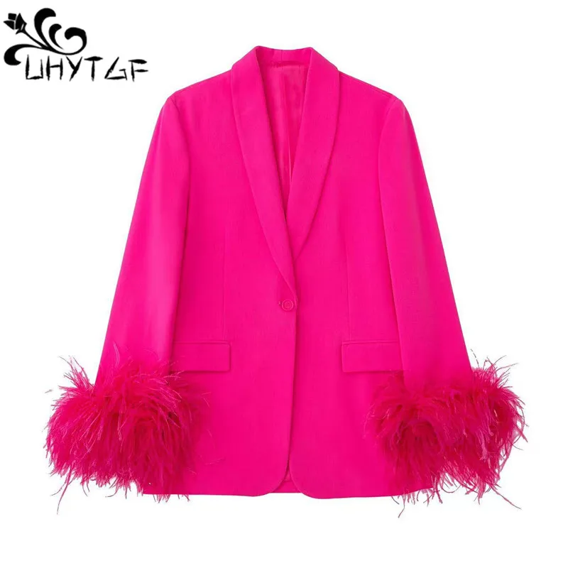 

Feathers Sleeve Blazer Pant Sets Women Fashion Single Button Jacket Women Zipper Trousers Autumn Winter Office Outfits Coat 572