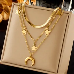 OIMG 316L Stainless Steel Gold Plated Multilayer Chain Moon Star Tassel Pendant Long Necklace For Women Party Jewelry Waterproof