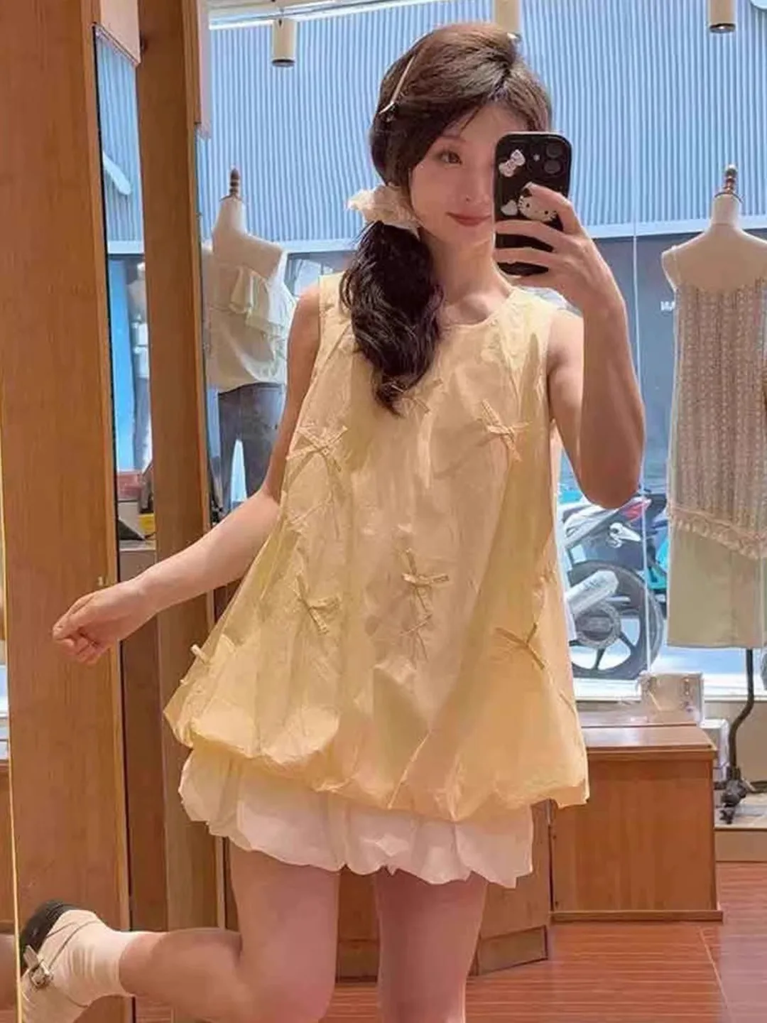 Mignon doux fille Fre Sle Svel haut jaune étudiant gilet fleur jupe Ensemble été Faion femmes ort jupe Ensemble