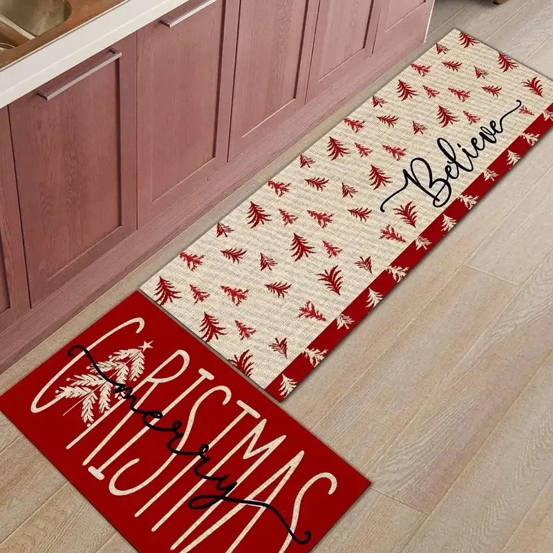 VIKAMA Christmas Kitchen Rug Set Farmhouse Pine Leaf Non Slip Floor Mat Merry Christmas Believe Indoor Holiday Decor