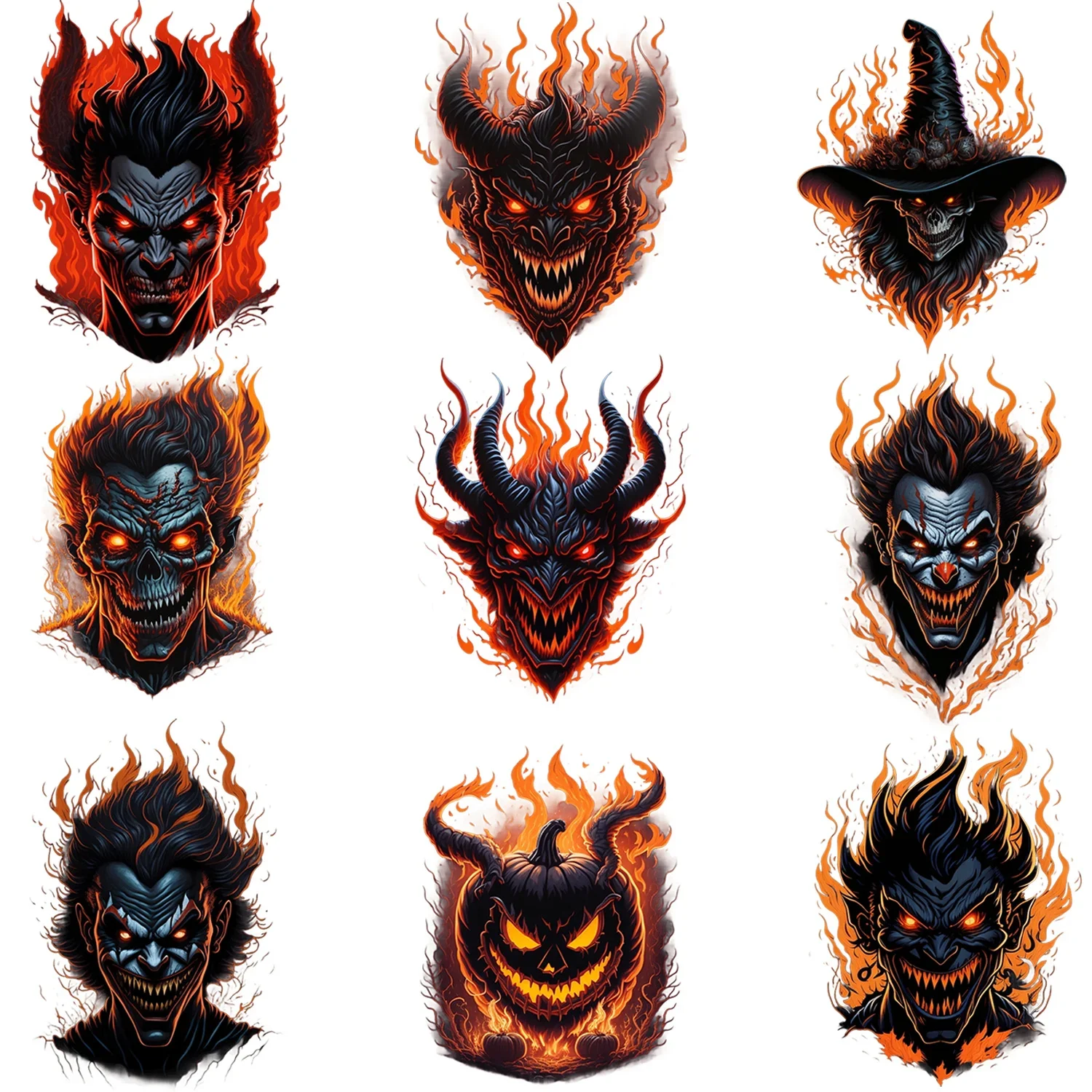 

9-Pack Gothic Halloween Skull Flame Theme Iron-On Transfer Stickers, Design Decals Heat Pressed Decals,for DIY Clothing Backpack