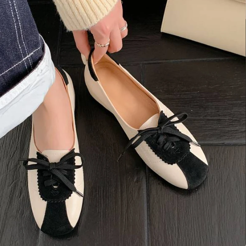 Women's Leather Bow Ballet Flats - Round Toe Office Loafers