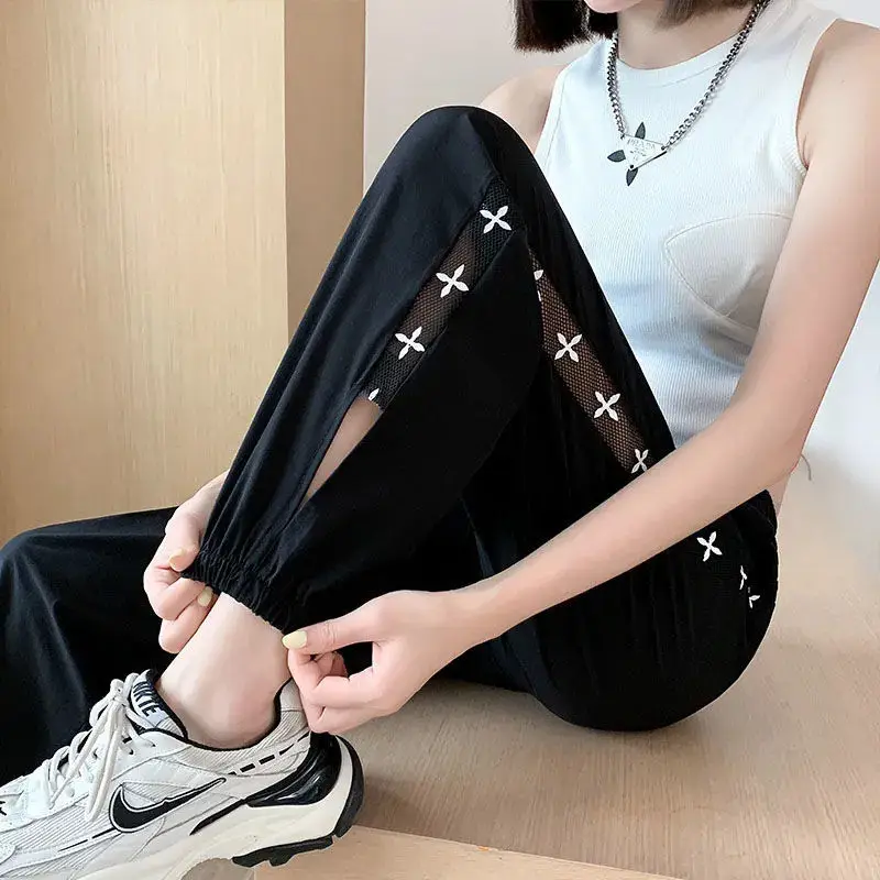 Women Sexy Mesh Patchwork Hollow Streetwear Y2K Harem Pants Summer Casual Quick Drying Loose Thin Sports Jogger Cropped Trousers