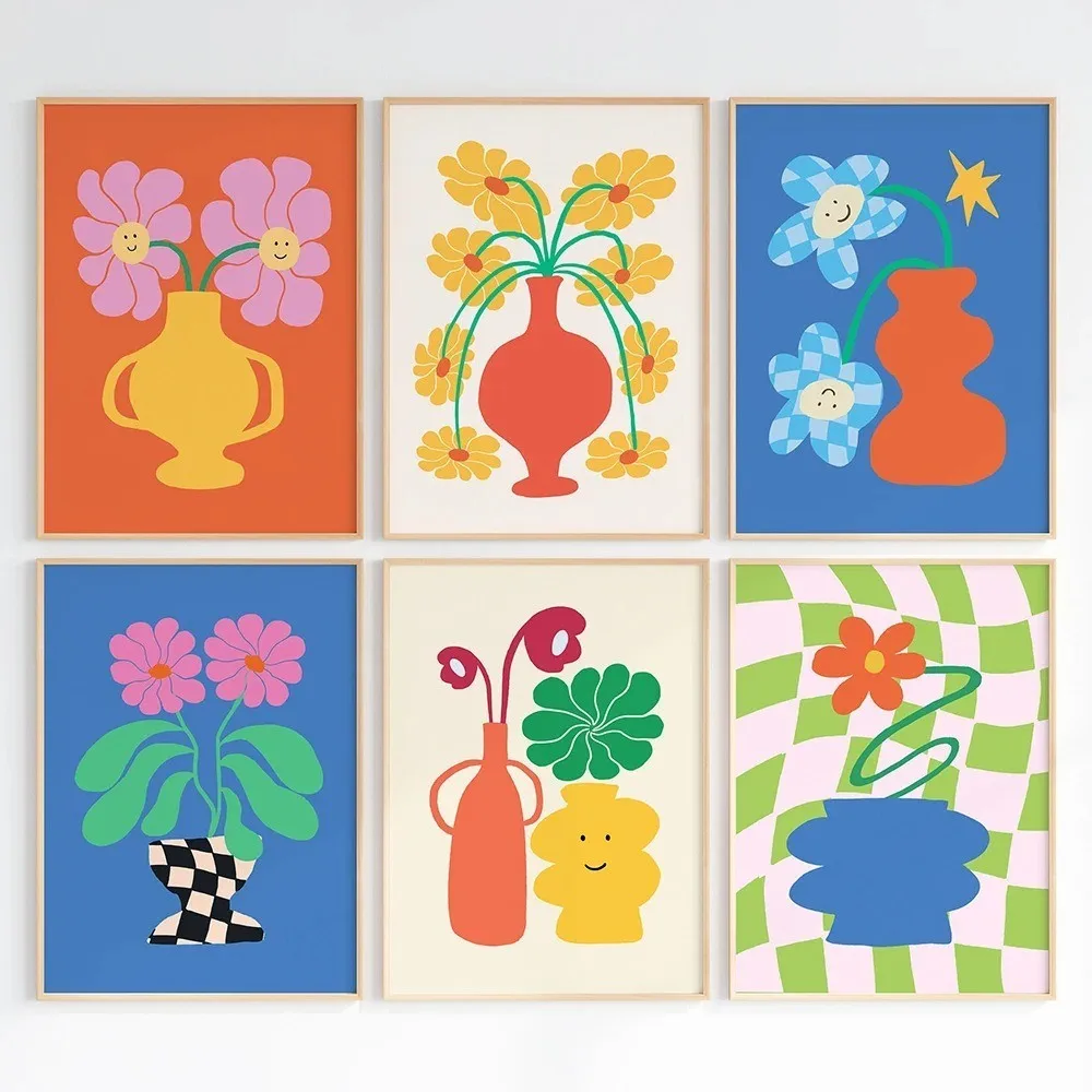 Retro Flowers Wall Art Groovy Flowers Gallery Colorful Poster and Prints Funky Wall Decor 70s Living Room Canvas Painting