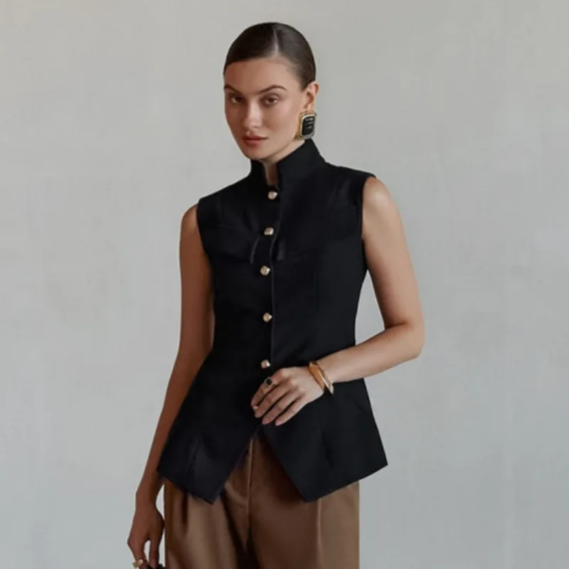 Women 2026 Spring Summer New Hot Selling Design Stand Collar Button Front Sleeveless Waist Cinching Split Hem Elegant Vest Chic