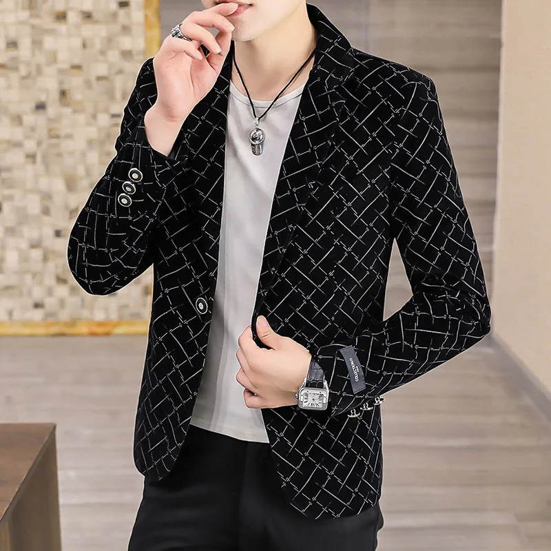 2024 new spring and autumn printed core velvet suit men\'s boutique fashion Korean version slim top trend handsome suit jacket