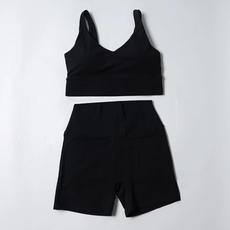 Fitness Shorts Yoga Sets Women\'s Tracksuit High Waist Sportswear Bra Workout Leggings Cycling Gym Shorts Sports Suit With Pocket