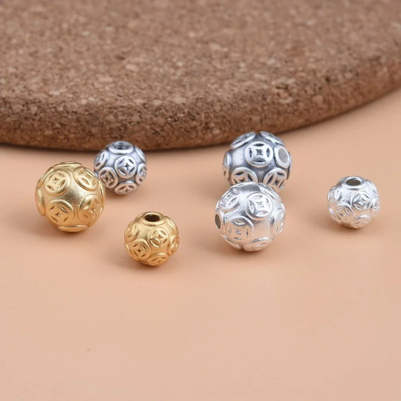 S999 full silver 3D hard silver accessories, copper coins, beads, handmade DIY string beads weaving accessories