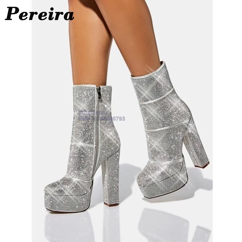 

Pereira Silver Platform Ankle Boots Bling Sequined Cloth Chunky Heel Shoes On Heels Side Aipper Runway Fashion Beauty Lady Boots