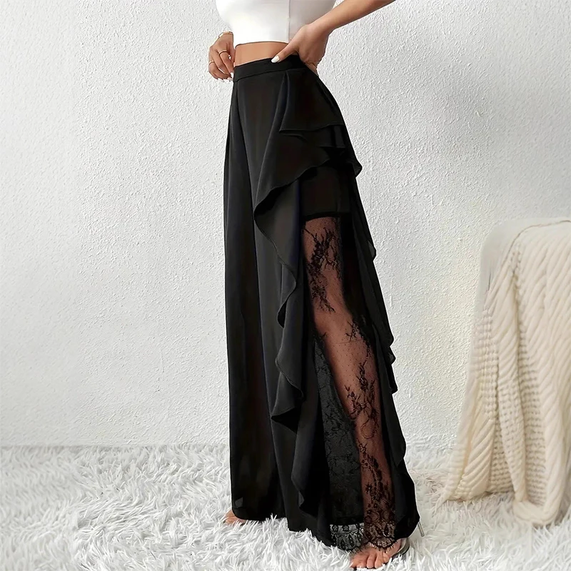 High Waist Black Wide Leg Pants for Women Lace Accented Ruffled Hem Casual Trousers