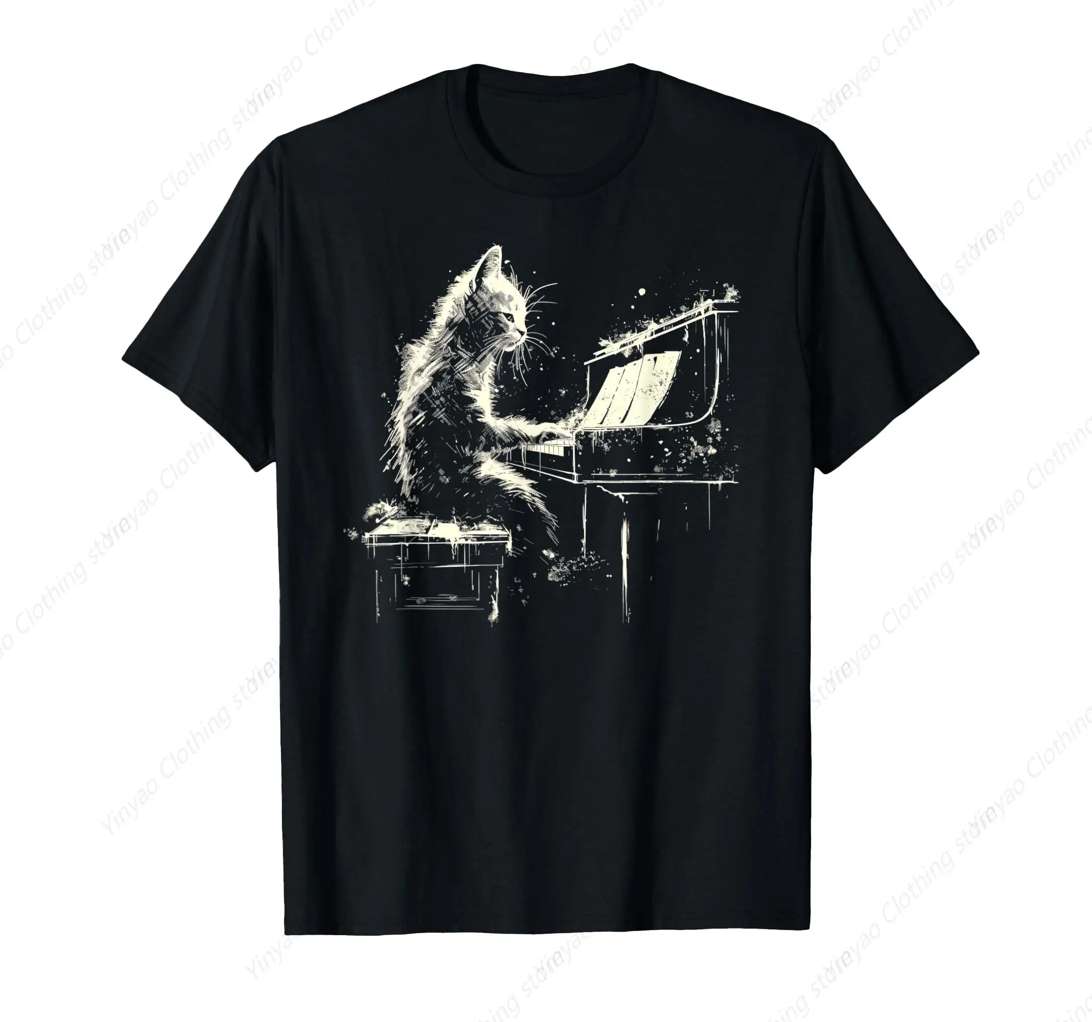 Fun Cat Playing Piano Printed T-shirt Pianist Cool Fashion Men's Shirt Pure Cotton Black Clothes