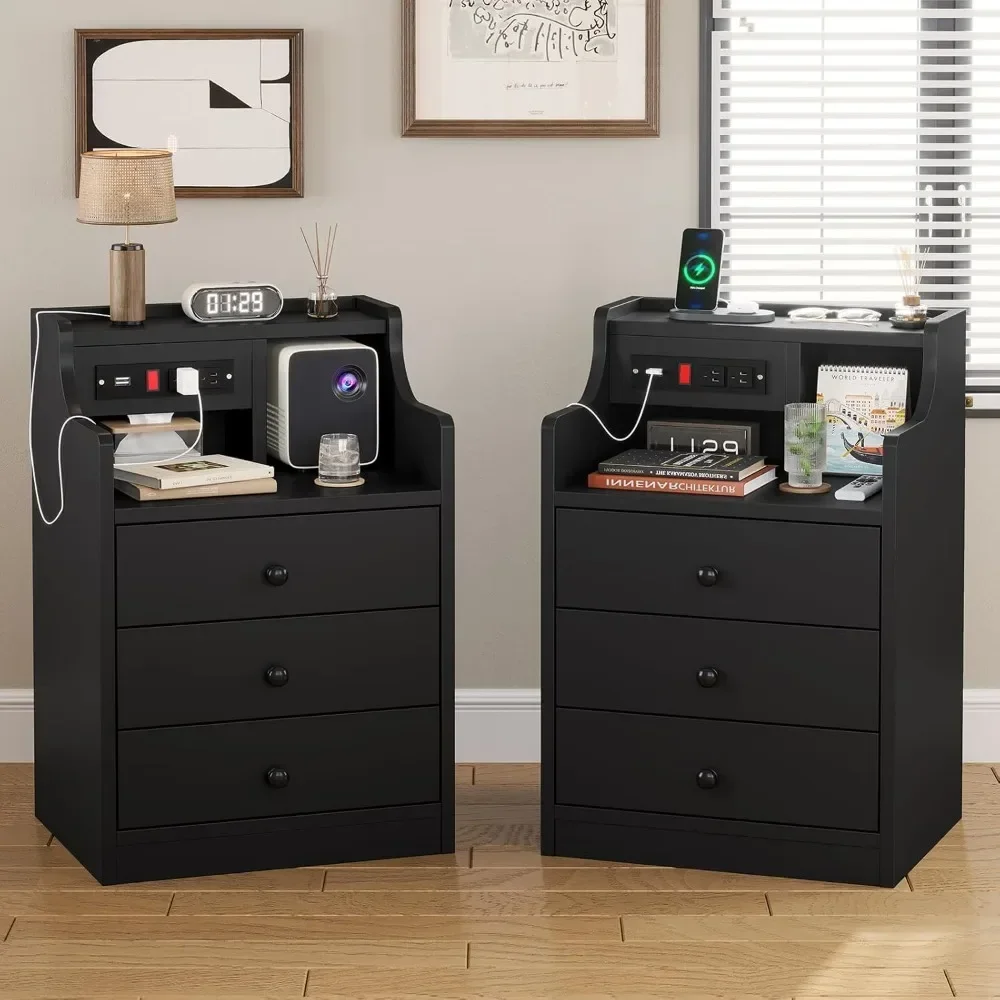 Night Stand Set 2,Black Nightstand with Charging Station & Hutch,Night Stands for Bedrooms Set of 2,Bedside Table with Drawers