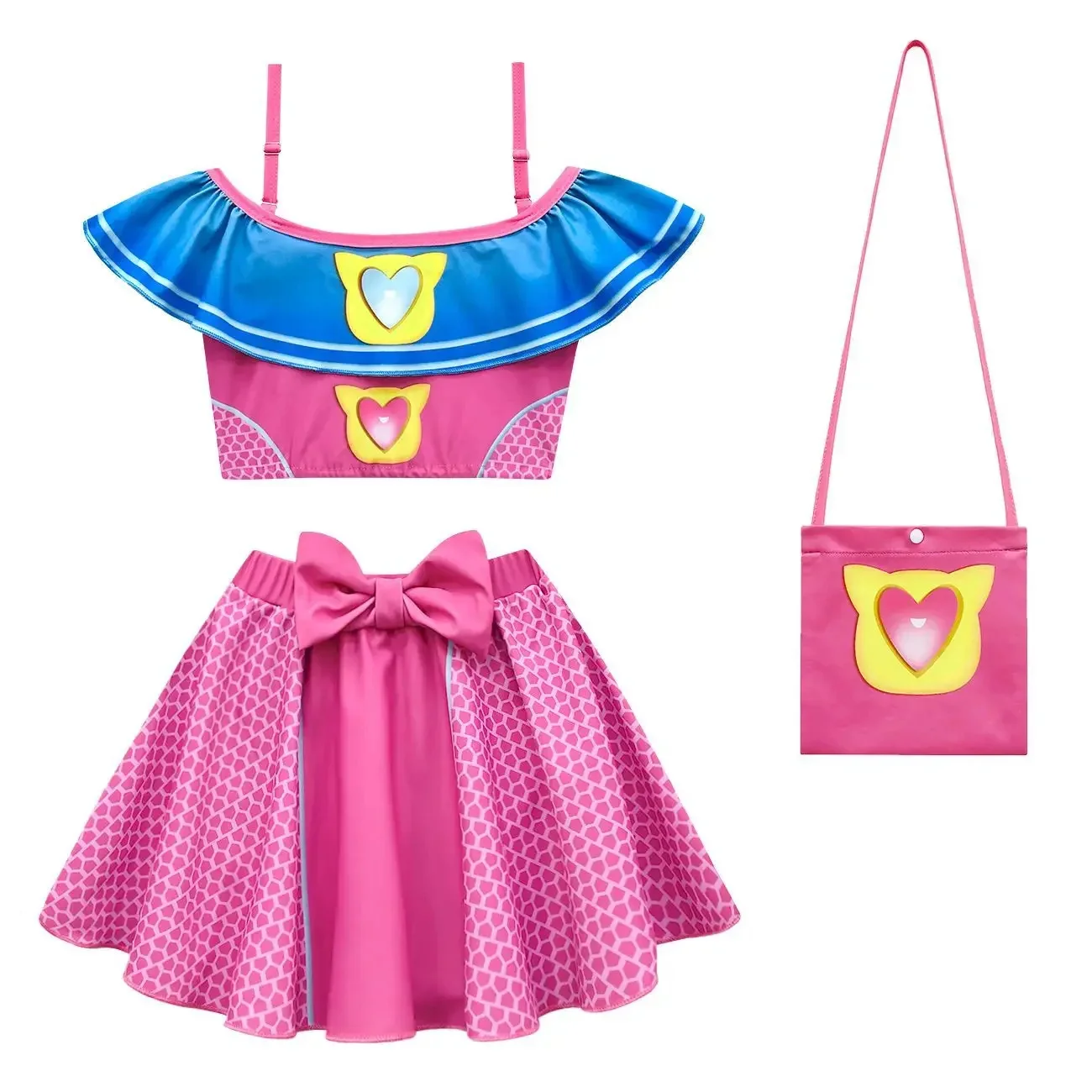 Summer SuperKitties Swimsuit for Kids Cosplay Super Cat Clothes Baby Girls SlingTop+Bow Skirt +bag Sets Girls Swimwear Bath Suit