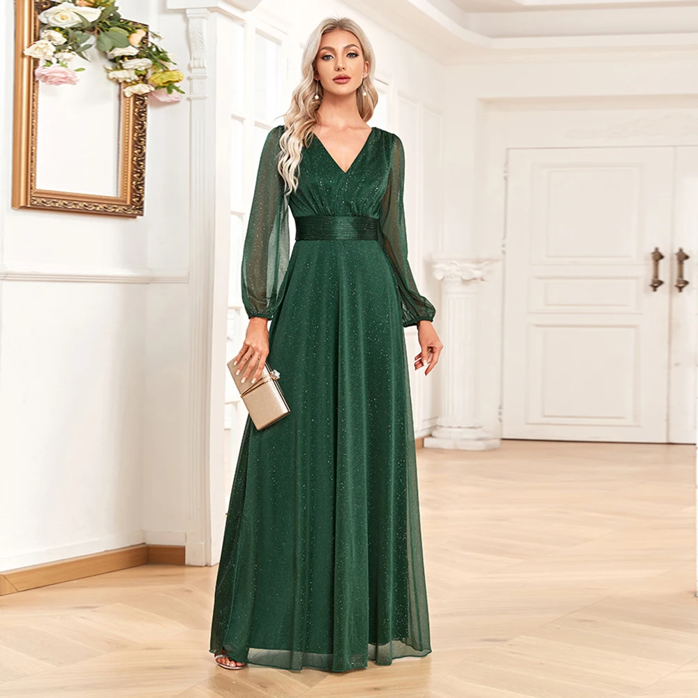 Neue Frauen elegante V-Ausschnitt glänzend hell Chiffon Abendkleid eine Linie durch langärmlige Hochzeits feier Kleid Brautjungfer sehen