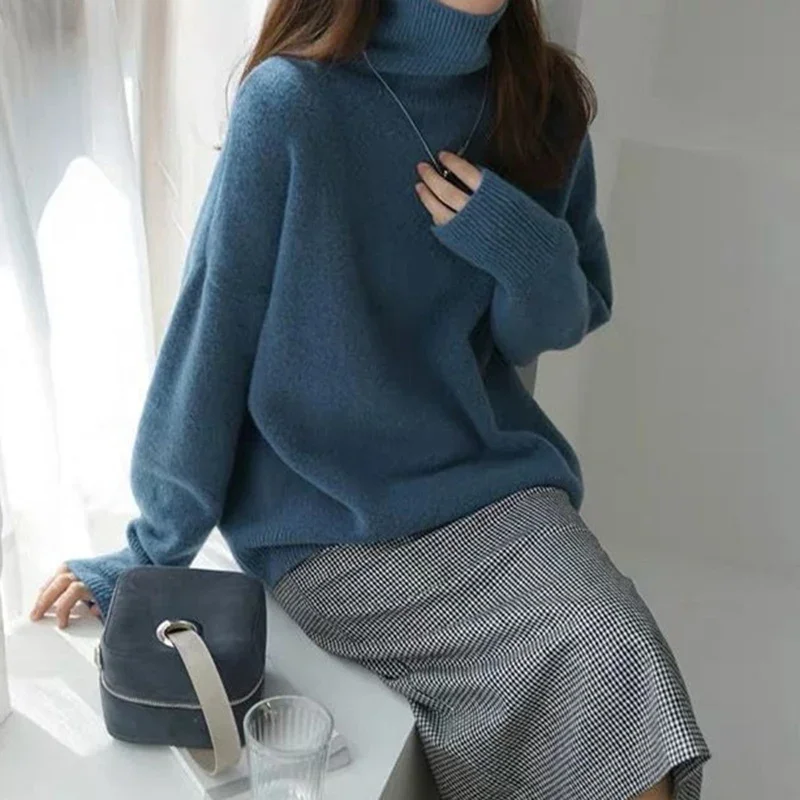 Korean Loose Turtleneck Sweaters Women Autumn Winter Warm Long Sleeve Knitting Jumpers Woman Solid Color Soft Pullover Ladies