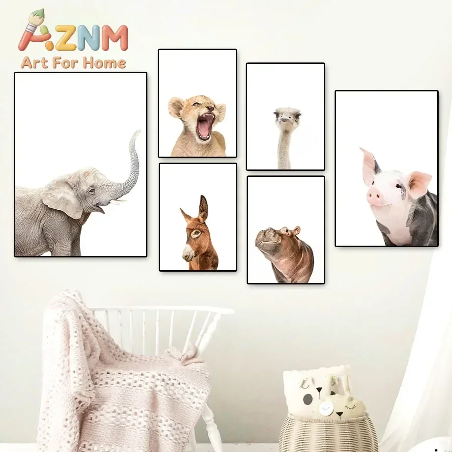 AZNM Cute Baby Safari Animal Canvas Wall Art Elephant Lion Hippo Ostrich Pig Print Poster for Kids Nursery Bedroom Home Wall Dec