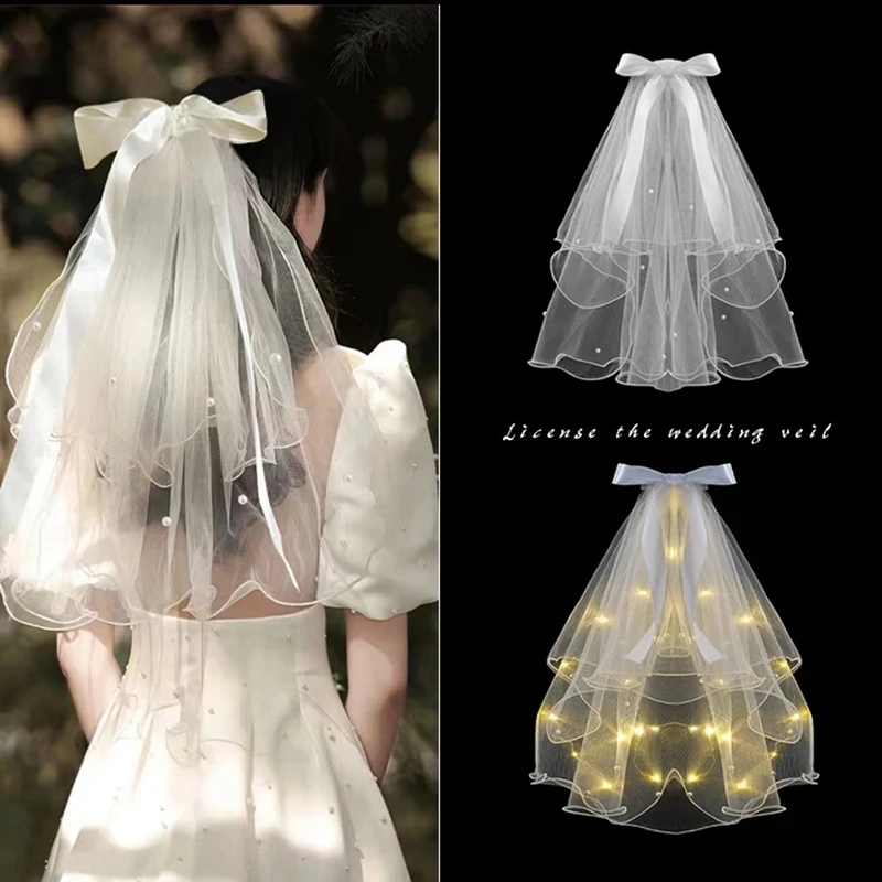 1pcs Glow Wedding Veil LED Light Bowknot Pearl Veil Glow In The Dark Party Favor Wedding Birthday Party Cosplay Hair Accessories