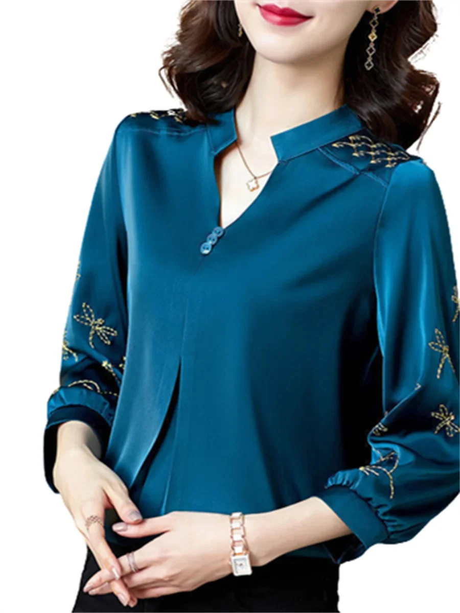 Women Spring Summer Blouses Shirts Lady Fashion Casual Three Quartz Sleeve V-Neck Embroidery Blusas Tops