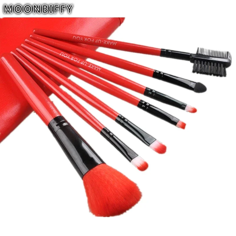 MOONBIFFY 7pcs/lot Cosmetics Brush Set Beauty Eye Primer Powder Blush Brush Soft Synthetic Hair With PU Leather Case Send Random