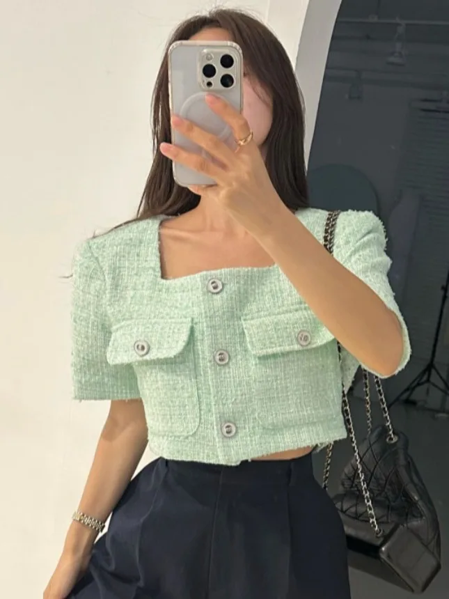 

Summer New Sle ort Sve Square Collar Thi Flower Women's Jaet Double ket Open Cardigan Top Quali Faionable