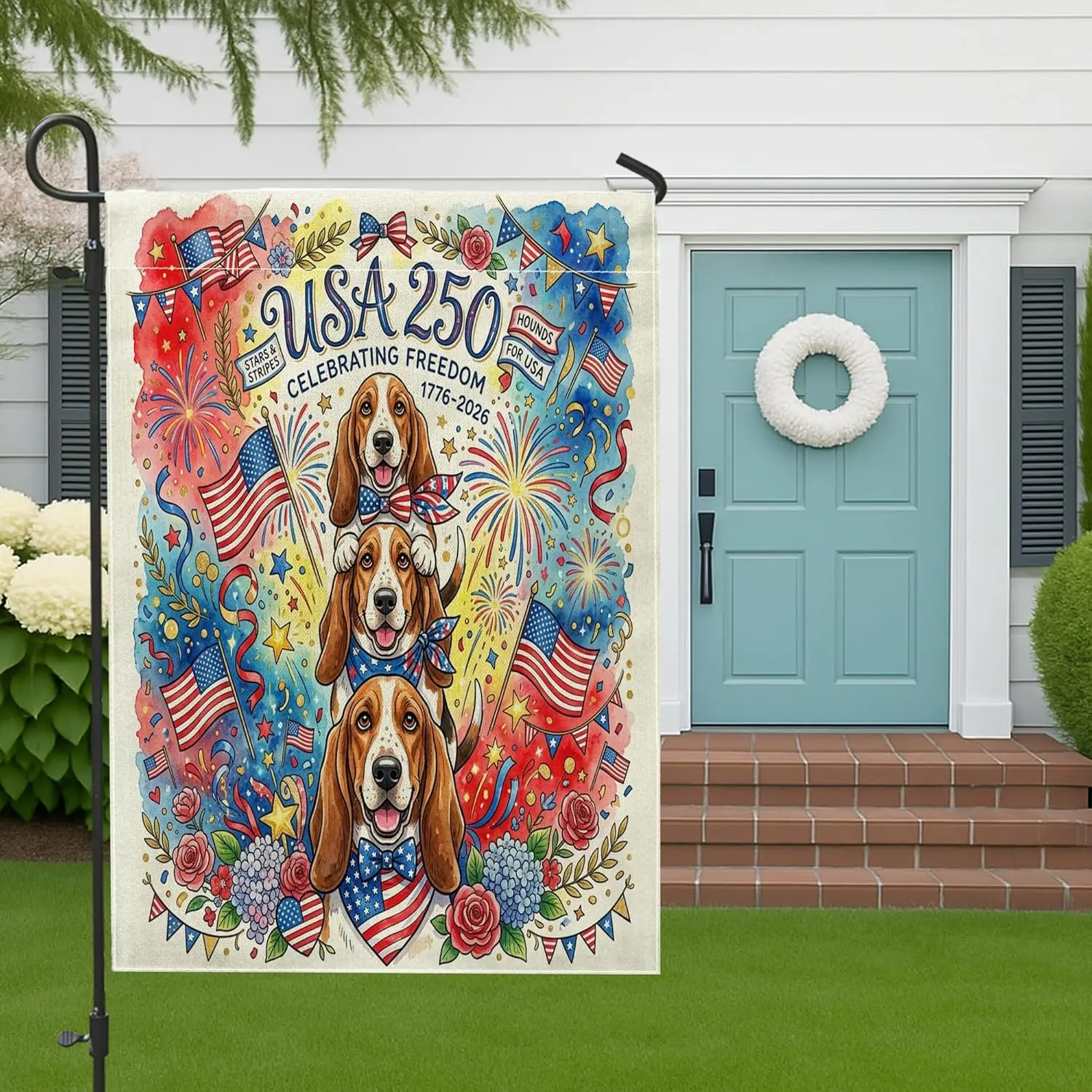 250 Years Basset Hound Dog Front Yard Backyard Burlap Garden Flags 12x18 Double Sided for Outdoor, 4th of July Floral Small  AAS