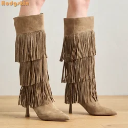 Retro Crystal Fringe Boots Pointed Toe Slip-on Suede Knee-high Boots Stilettos Brown 2025 Autumn New Women Fashion Knight Shoes