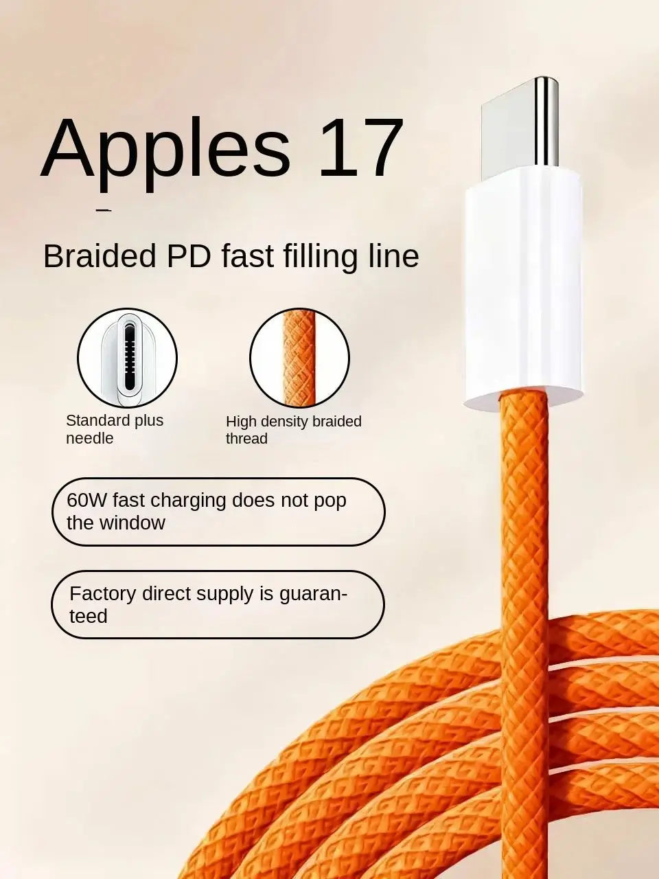 Snelle oplaadkabel compatibel met iPhone 17/16/15 USB-C naar Type C Oplaaddatakabel Nylon gevlochten 3,3/6,6/10 voet lang - afbeelding 2