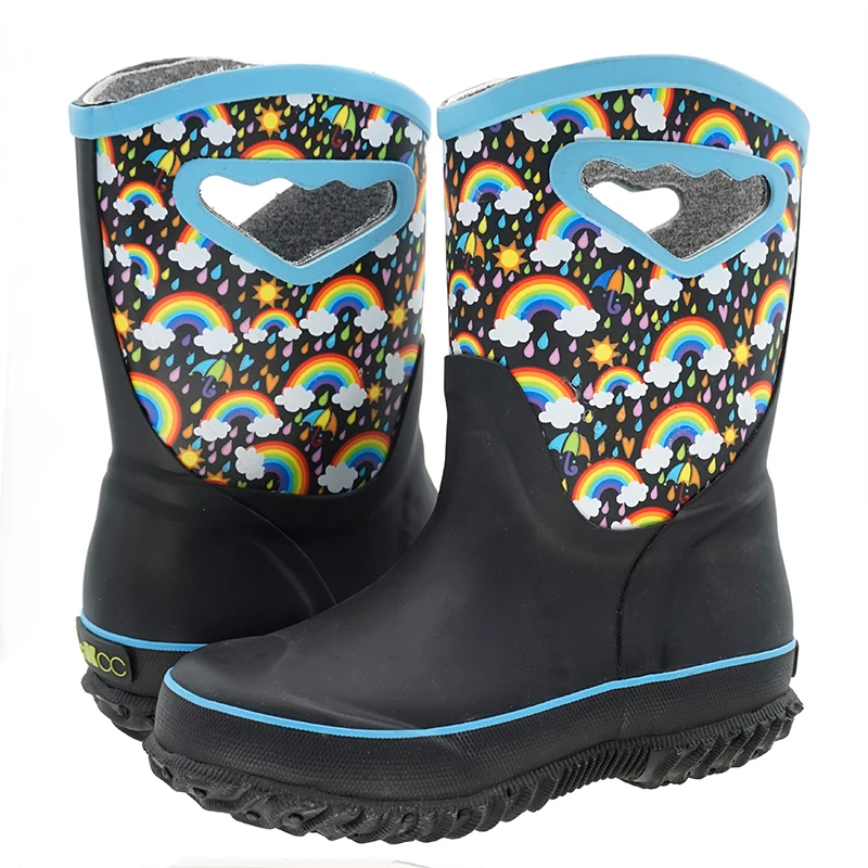 MCIKCC Black-Blue Stitching Rainbow Printed Waterproof Rubber Insulated Rain Garden Snow Boots for Big Kids Toddler Boys Girls