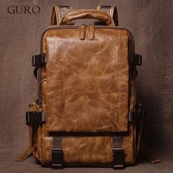 GURO Men's Genuine Leather Backpack Top Cowhide Outdoor Travel Bag Luxury Trendy Student School Bag Business Laptop Computer Bag
