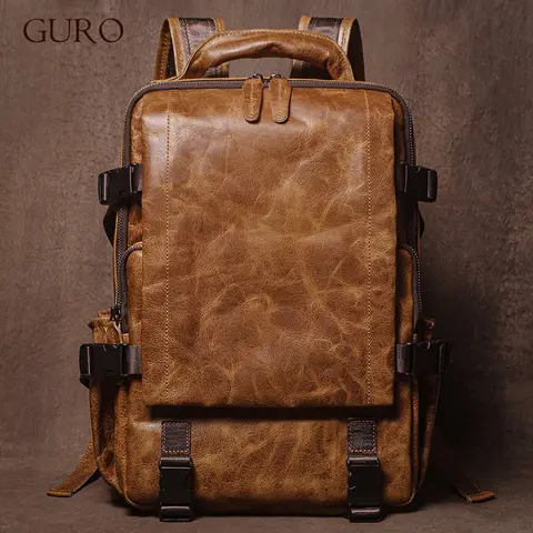 GURO 남성용 진짜 가죽 배낭 탑 소가죽 야외 여행 가방, 럭셔리 트렌디 학생 학교 가방, 비즈니스 노트북 컴퓨터 가방