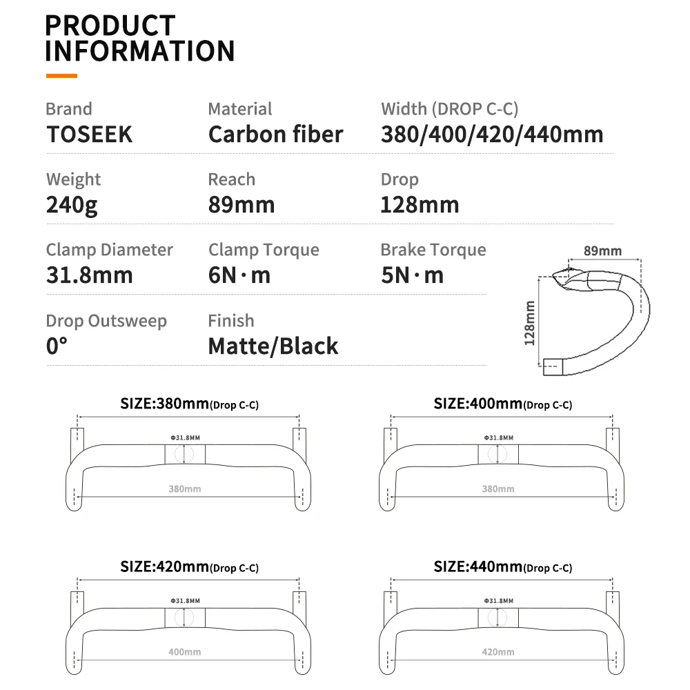 Toseek Racefiets Carbon Stuur Verminderen Weerstand Gebogen Bar Versterken Fietsonderdelen 400/420/440Mm Externe Routing Zwart Mat