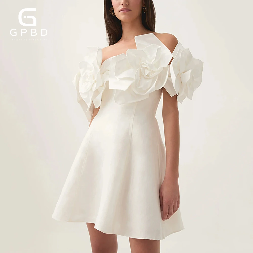 

Elegant Sexy A-Line Dress Summer Strapless Women Slim Off Shoulder Fashion White Splicing Flower Party Female Mini Dress
