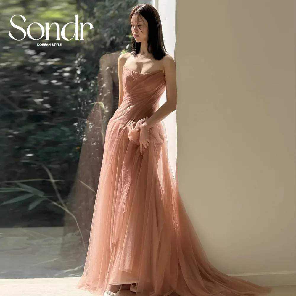 Sondr 캐러멜 우아한 한국 웨딩 파티 드레스 신부를 위한 맞춤형 A라인 스트랩리스 튤 이브닝 드레스 셀프 웨딩 가운
