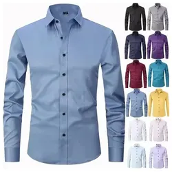 7xl 8xl 2024 Lente Nieuw Shirt Elastische Effen Kleur Niet-Ijzer Comfortabel Ademend Slim Fit Business Casual Jurk Heren Grote