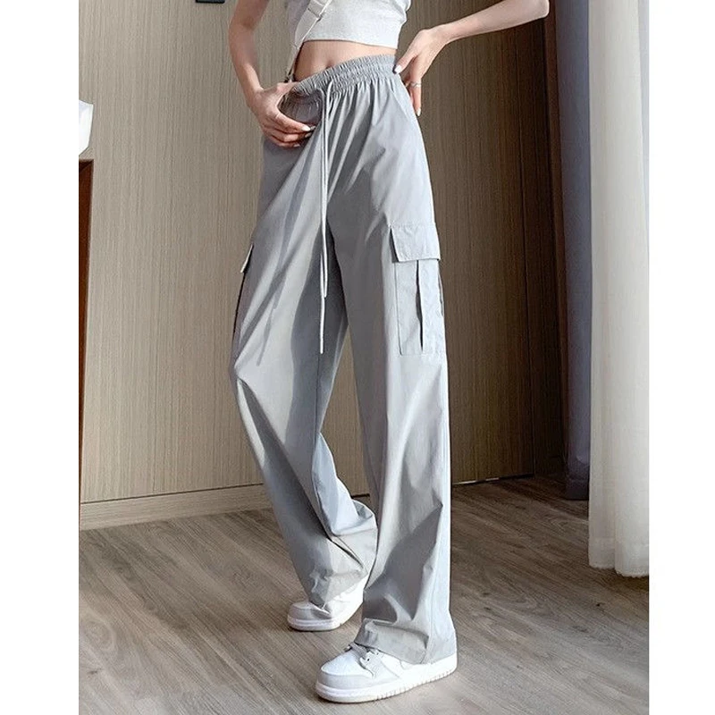 Women Casual Streetwear Wide Leg Straight Cargo Pants Summer Trendy Ice Silk Quick Drying Sports Trousers High Waist Pantalones