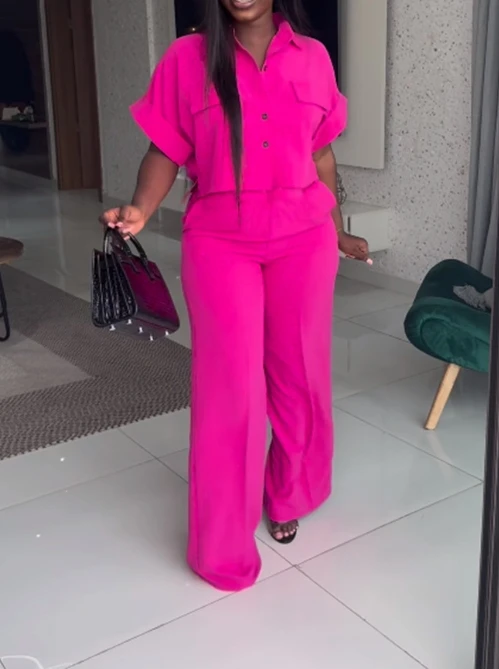 

Women Fresh Style Suits 2024 Spring Summer Latest Solid Color Lapel Short Sleeved Shirt High Waisted Buttons Wide Leg Pants Set